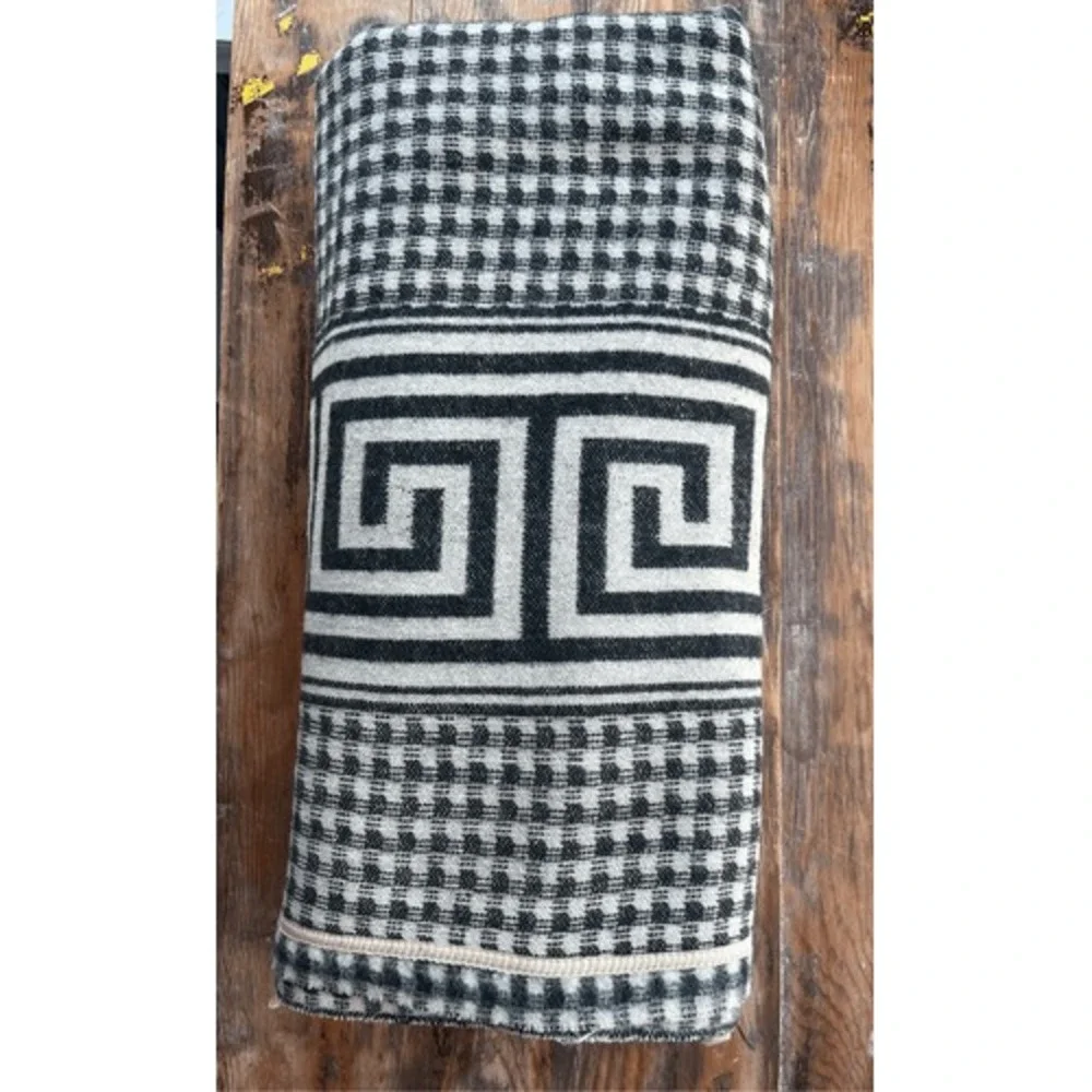 Vintage Gingham MCM Greek Key Trim Wool Blanket Black & White Size 66x76